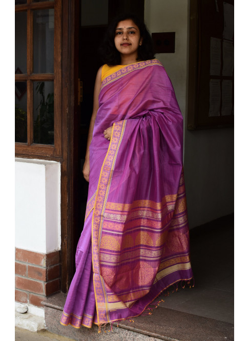 Pinkish Purple , Handwoven Organic Cotton, Textured Weave , Jacquard, Work Wear Saree